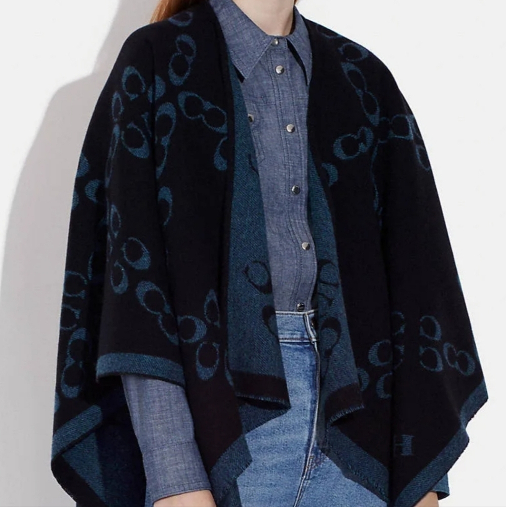 COACH TWO-TONE REVERSIBLE SIGNATURE LOGO PONCHO IN BLACK & BLUE
